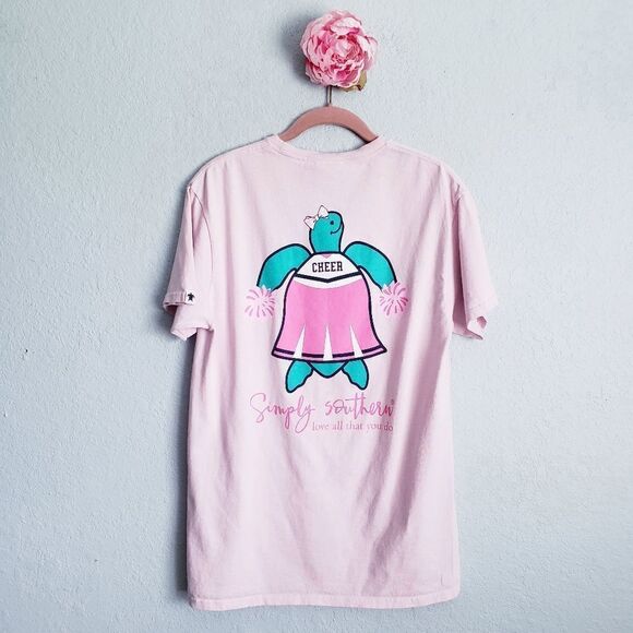 Simply Southern Cheerleading Turtle Pink Short Sleeve Tee - Picture 1 of 5